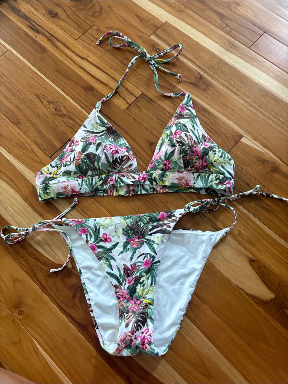 Floral Tie-Back One Piece Bikini Set - Pink & Green